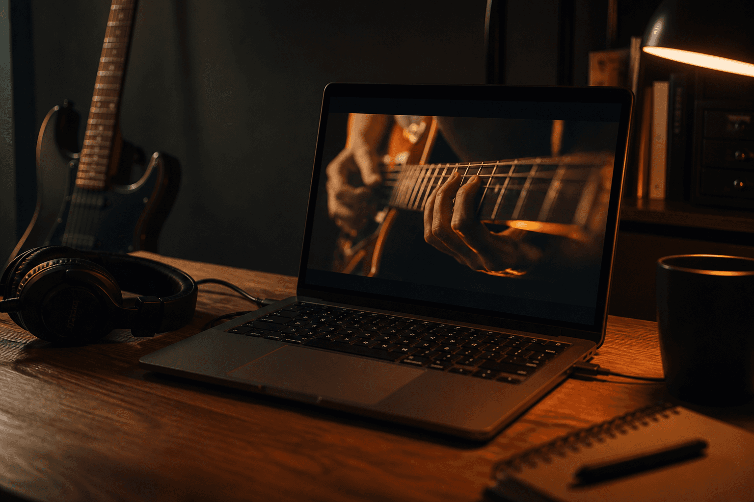 A laptop playing back a guitar recording